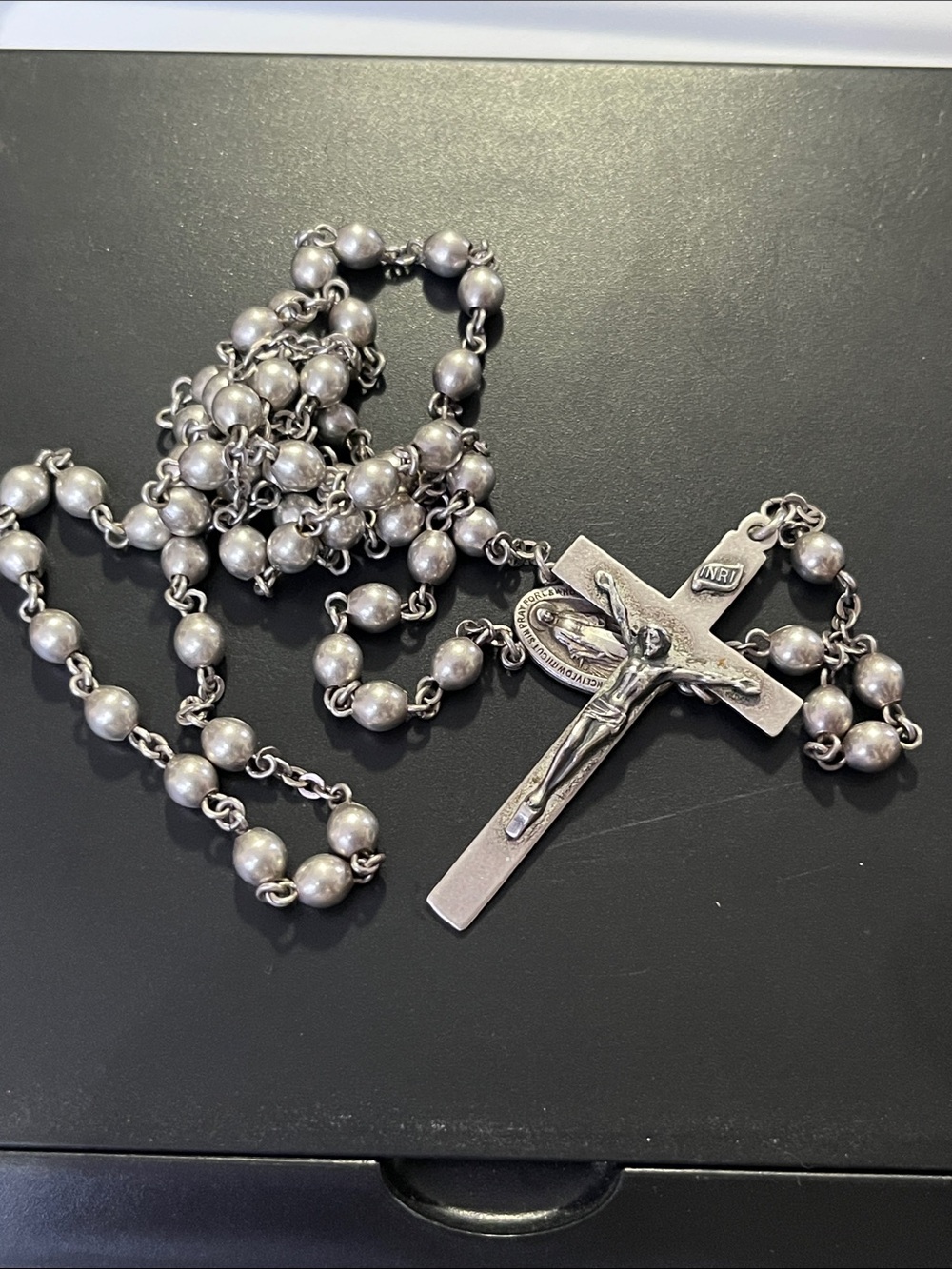 Religious Silver-Tone Rosary Necklace with Crucifix - Picture 2 of 9